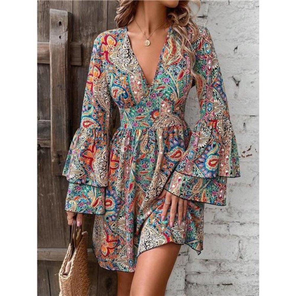 Paisley Print V-Neck Flounce Sleeve Dress